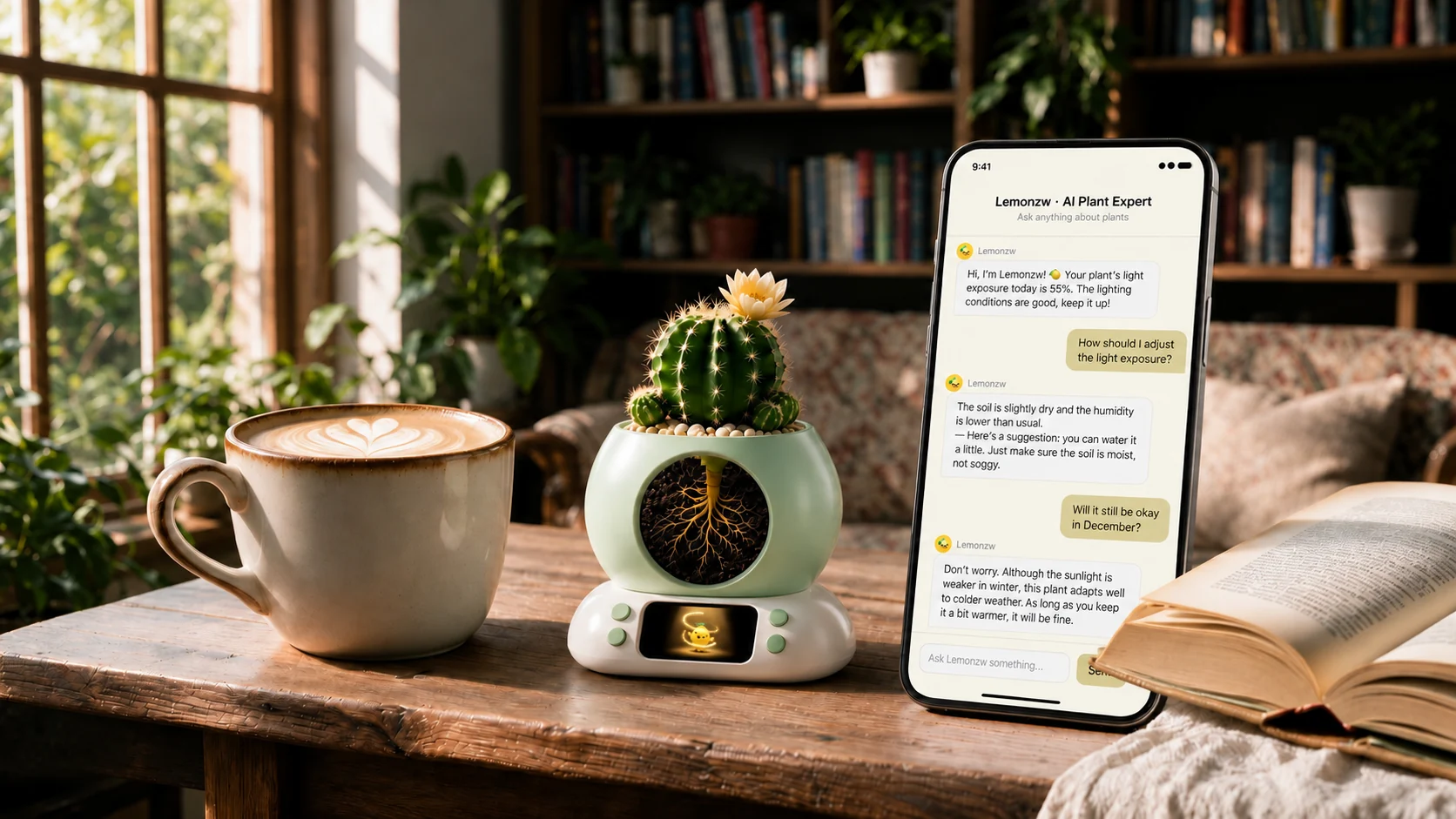 A green Whisplant with a cactus on a wooden desk, LemonZW on screen under a spotlight, the AI expert answering on the phone