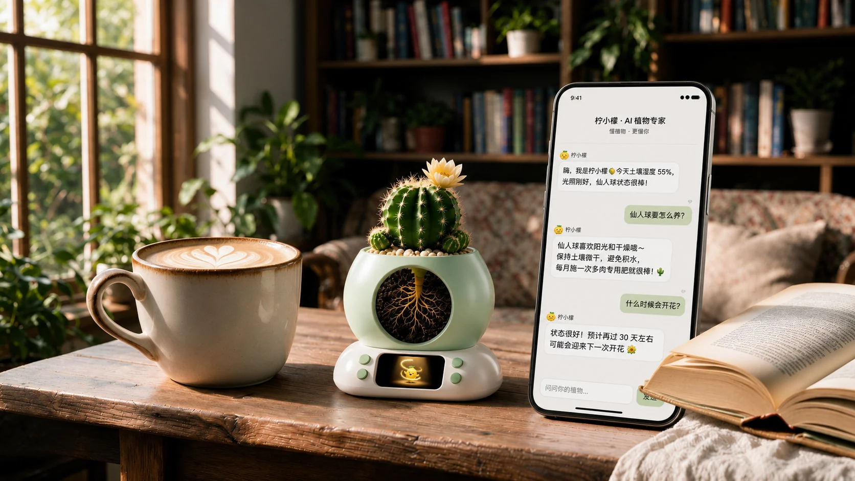 木桌上绿罐植语者种着仙人球，屏幕上柠小檬在聚光灯下，手机里柠小檬 AI 植物专家正在解答养护问题