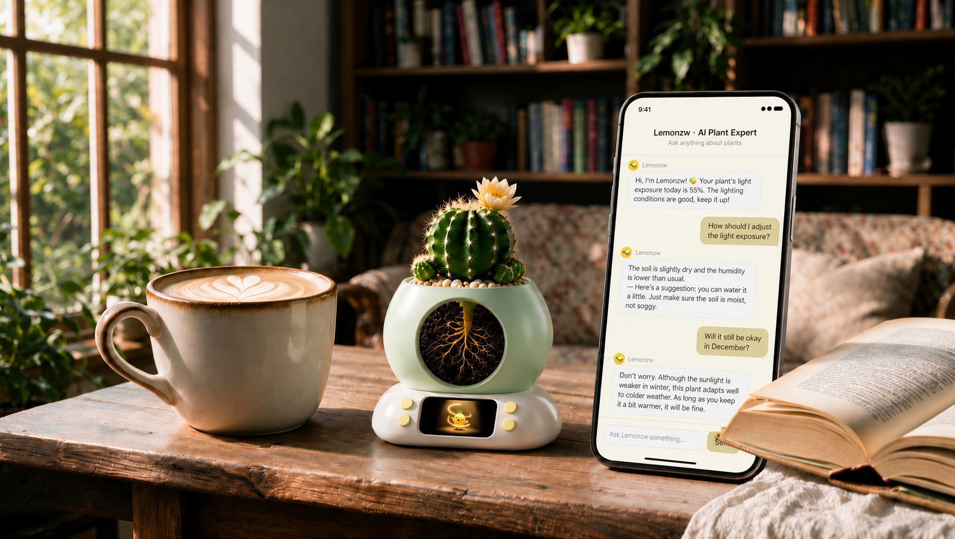 A green Whisplant with a cactus on a wooden desk, LemonZW on screen under a spotlight, the AI expert answering on the phone