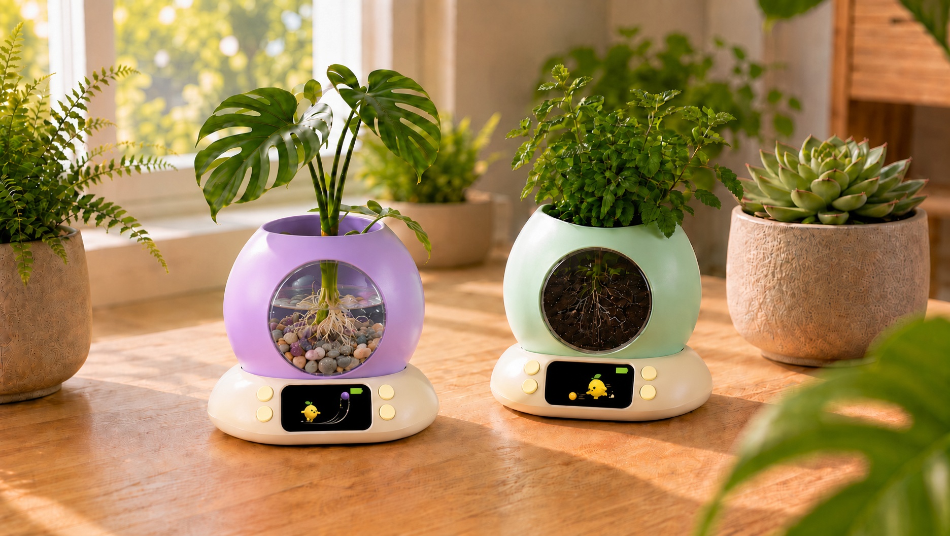 植语者智能植物盆栽：紫罐水培富贵竹与绿罐土培网纹草并排，彩虹光环、圆窗内根系清晰可见，柠小檬各自开心
