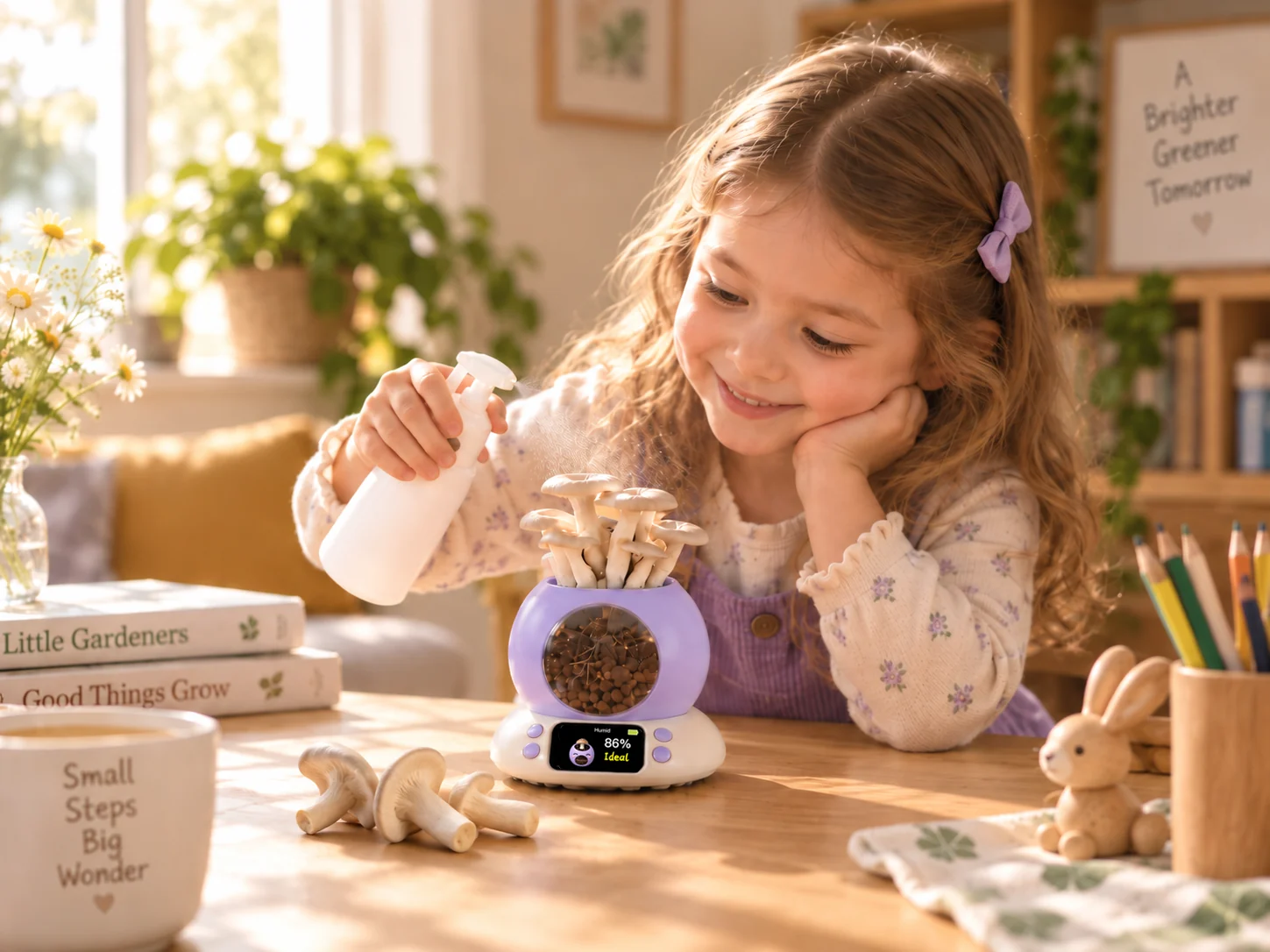 A girl misting mushrooms growing in the purple pot, more mushrooms on the table, screen showing 86% humidity, ideal
