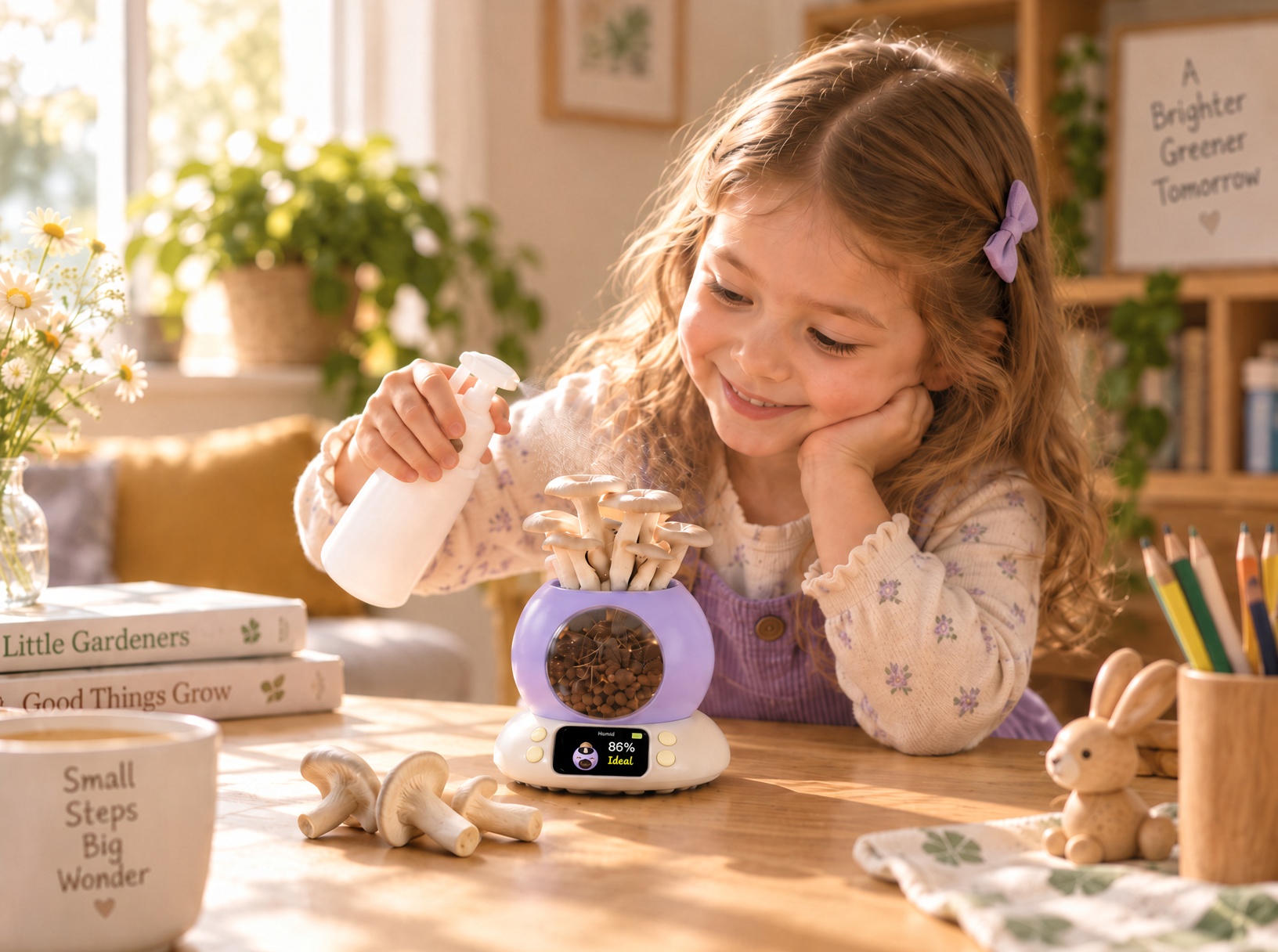 A girl misting mushrooms growing in the purple pot, more mushrooms on the table, screen showing 86% humidity, ideal