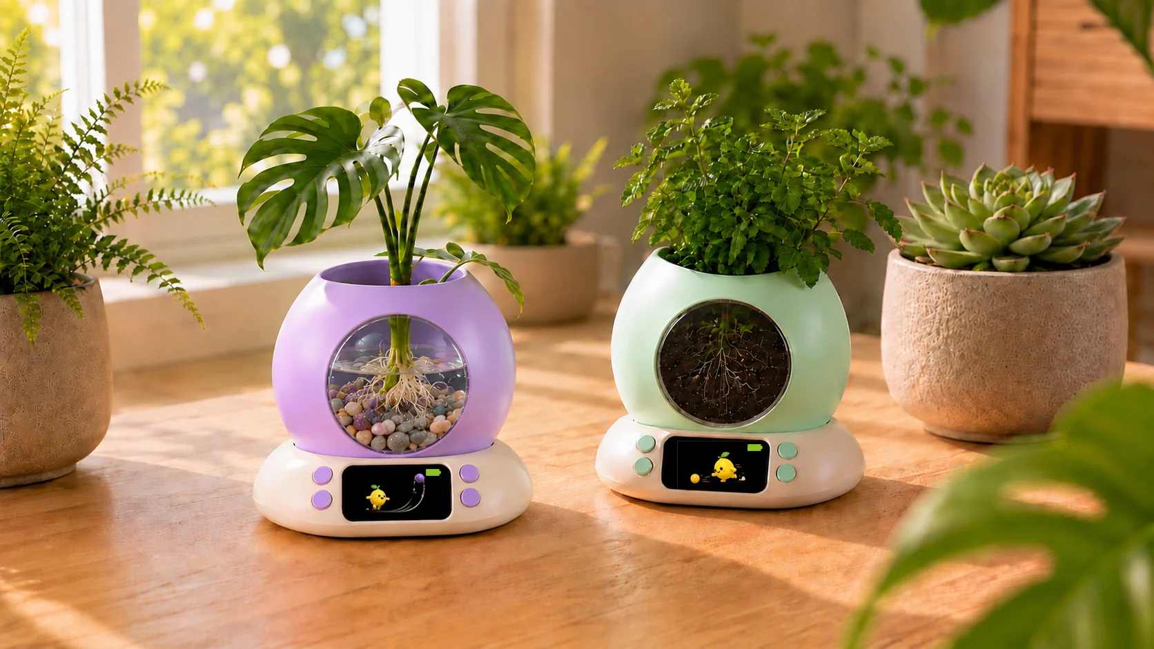 植语者一水一土场景：紫罐水培迷你龟背竹、绿罐土培薄荷，透明圆窗内根系清晰可见，底座屏幕显示柠小檬