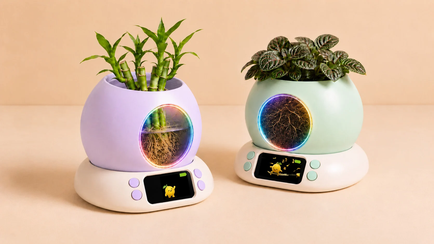 嘟嘟紫款水培富贵竹与啵啵绿款绿植并排，两扇圆窗泛着彩虹光环、窗内根系清晰可见，底座屏幕上柠小檬各自开心