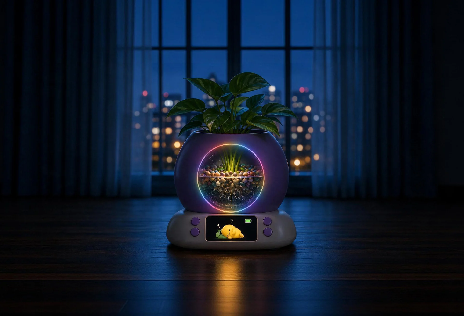 深夜房间里的紫罐植语者，圆窗亮起彩虹光环，窗内水培根须清晰可见，屏幕上柠小檬睡着了，窗外城市灯火