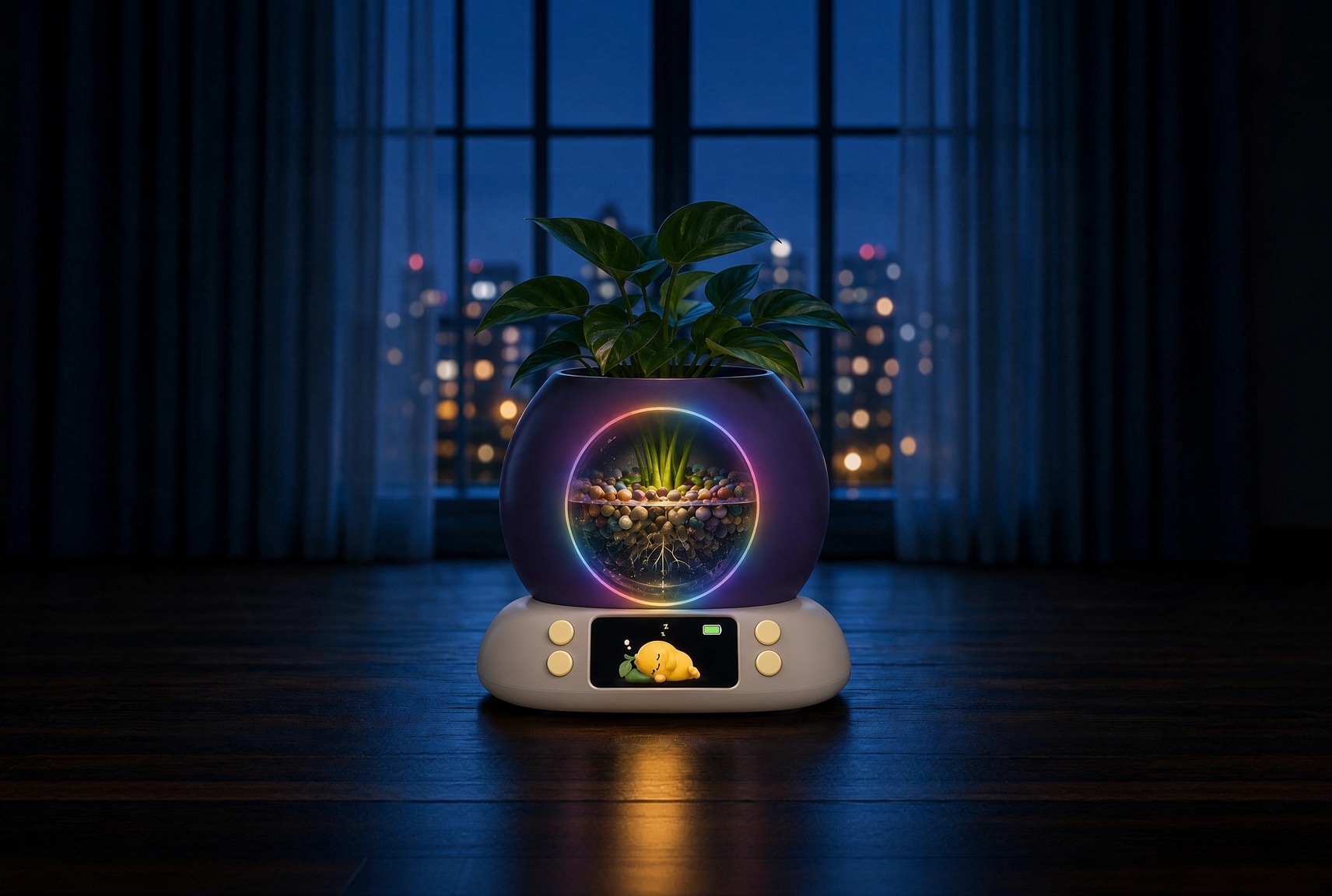 深夜房间里紫罐植语者——彩虹光环亮起，圆窗内水培根须清晰，柠小檬睡着了，窗外城市灯火