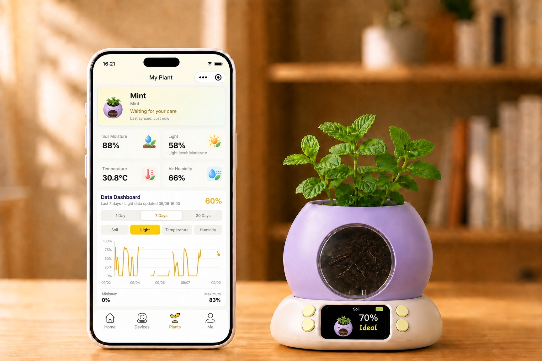 Whisplant app mint data page beside the purple pot device: soil moisture, temperature and 7-day light curve; the base screen shows Ideal