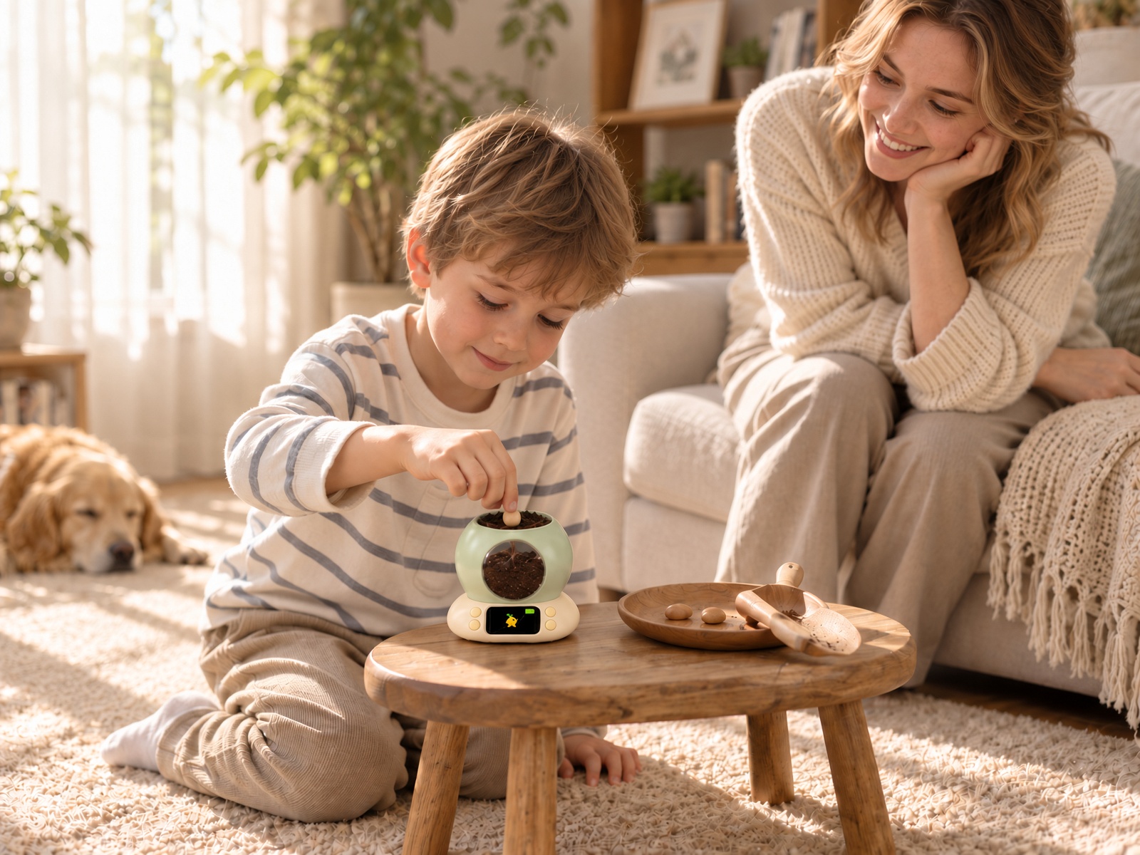 A boy kneels on the carpet pressing a seed into the green pot's soil, mom smiling from the sofa, clean wet soil in the window, LemonZW on screen