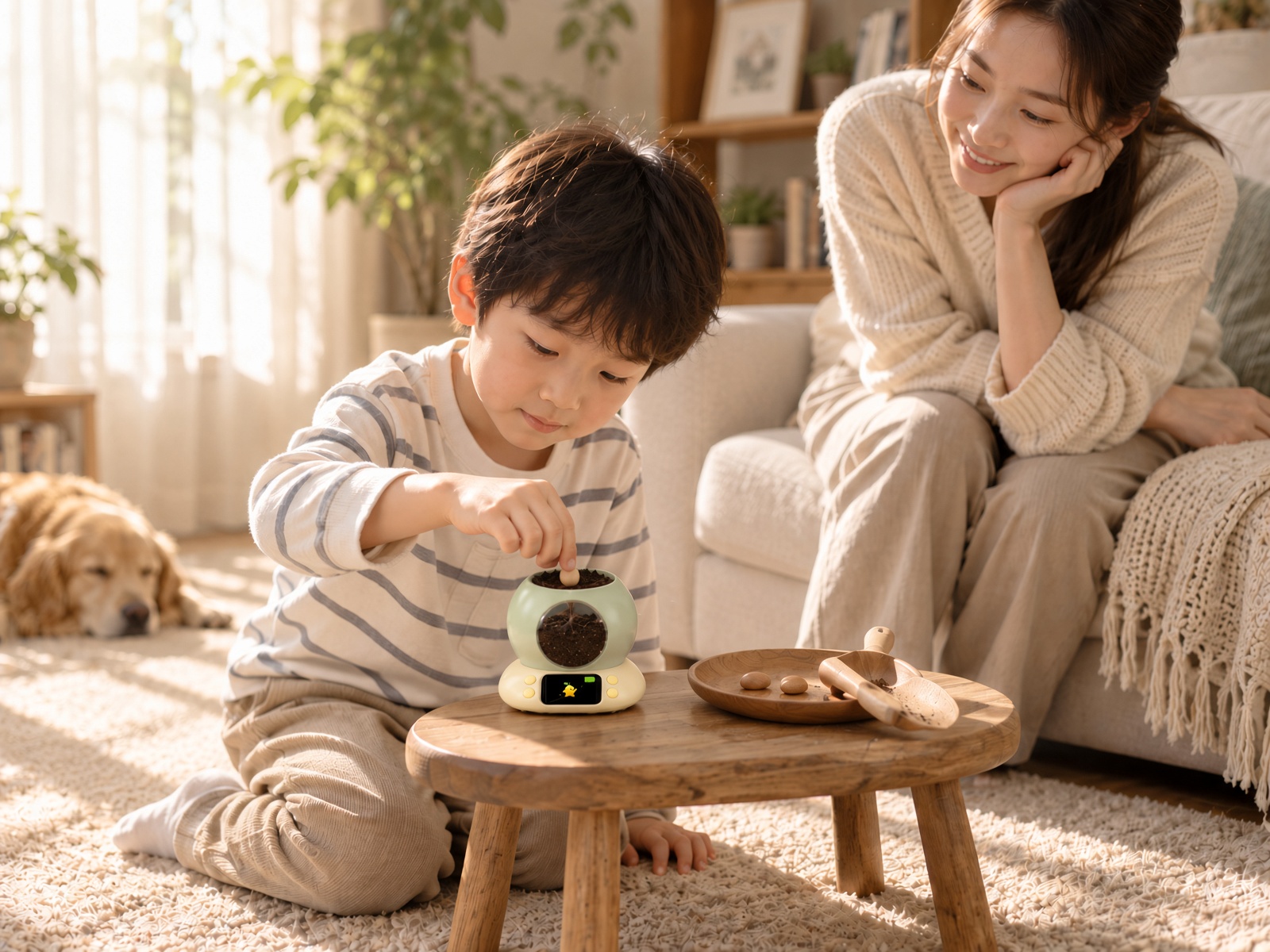 小男孩跪在地毯上把种子按进绿罐植语者的土里，妈妈坐在沙发边微笑看着，金毛犬趴在旁边，圆窗里种子正在发芽