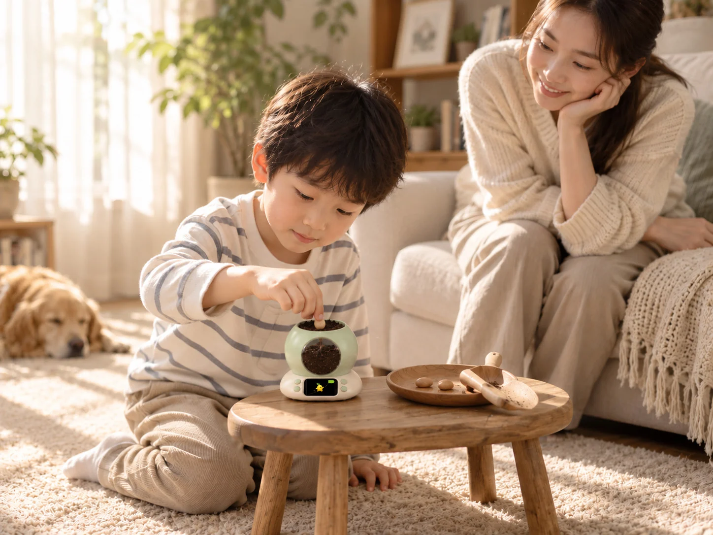 小男孩跪坐地毯上把一粒种子按进绿罐的土里，妈妈在沙发边微笑看着，圆窗里是干净的湿土还没有根须，屏幕上柠小檬
