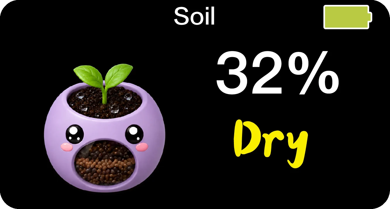 Device screen showing soil moisture at 32%, dry
